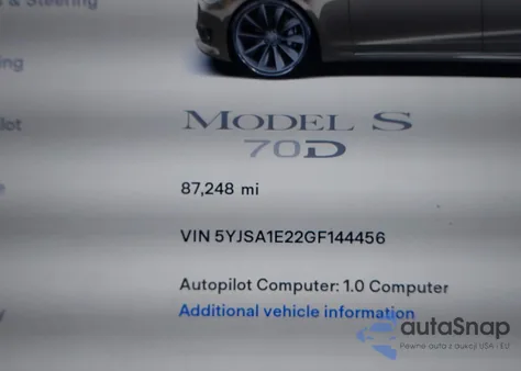 2016 Tesla Model S 60D/70D/75D/85D/90D z USA, uszkodzony, nr VIN 5YJSA1E22GF144456